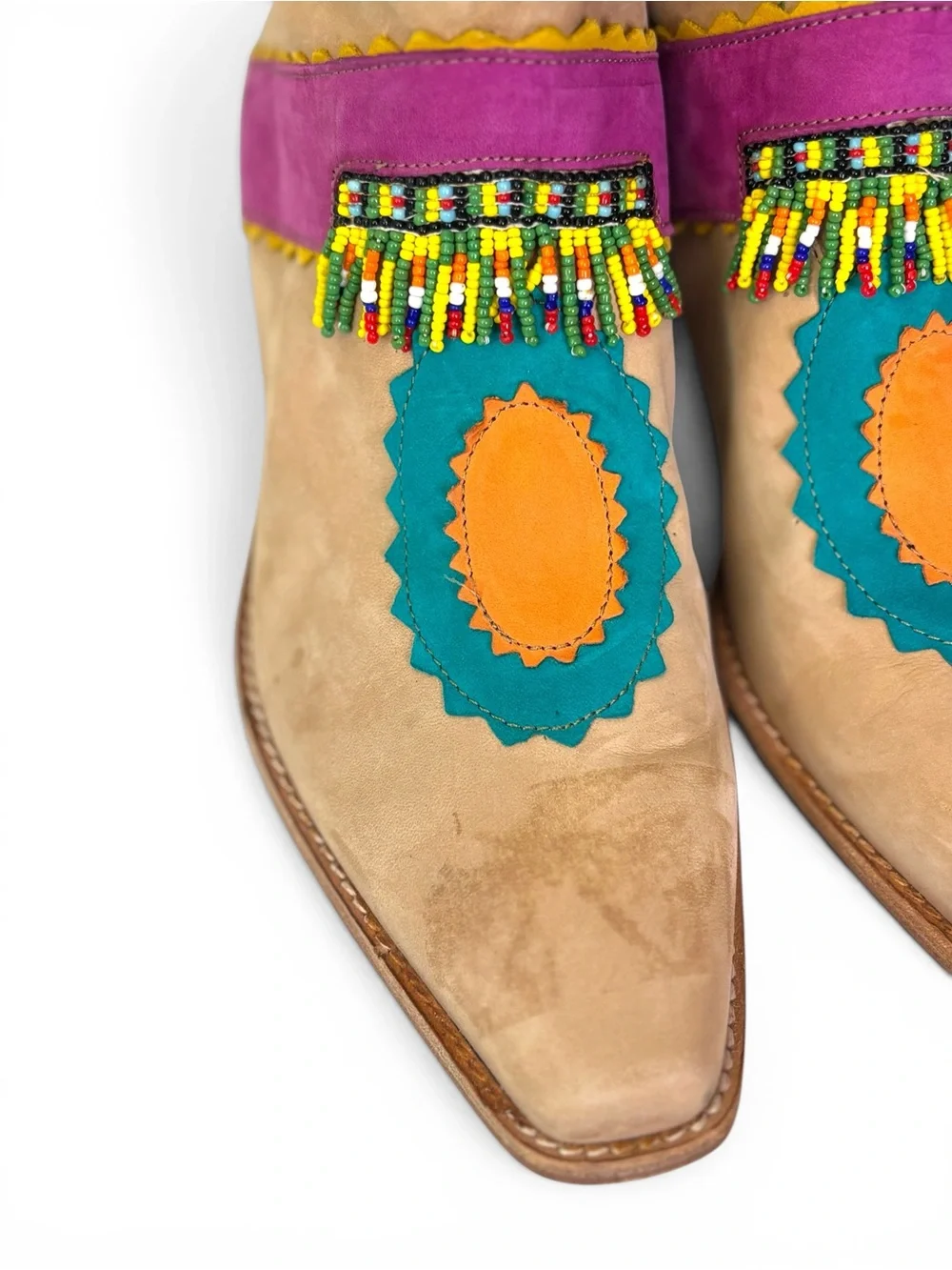 Vintage Biondini Beige Leather Embellished Boots with Turquoise & Orange Accents